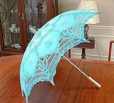 Battenburg Lace Parasol. Light Blue color. Cotton. 18in.